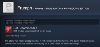 Illustration for article titled Final Fantasy XV, As Told By Steam Reviews